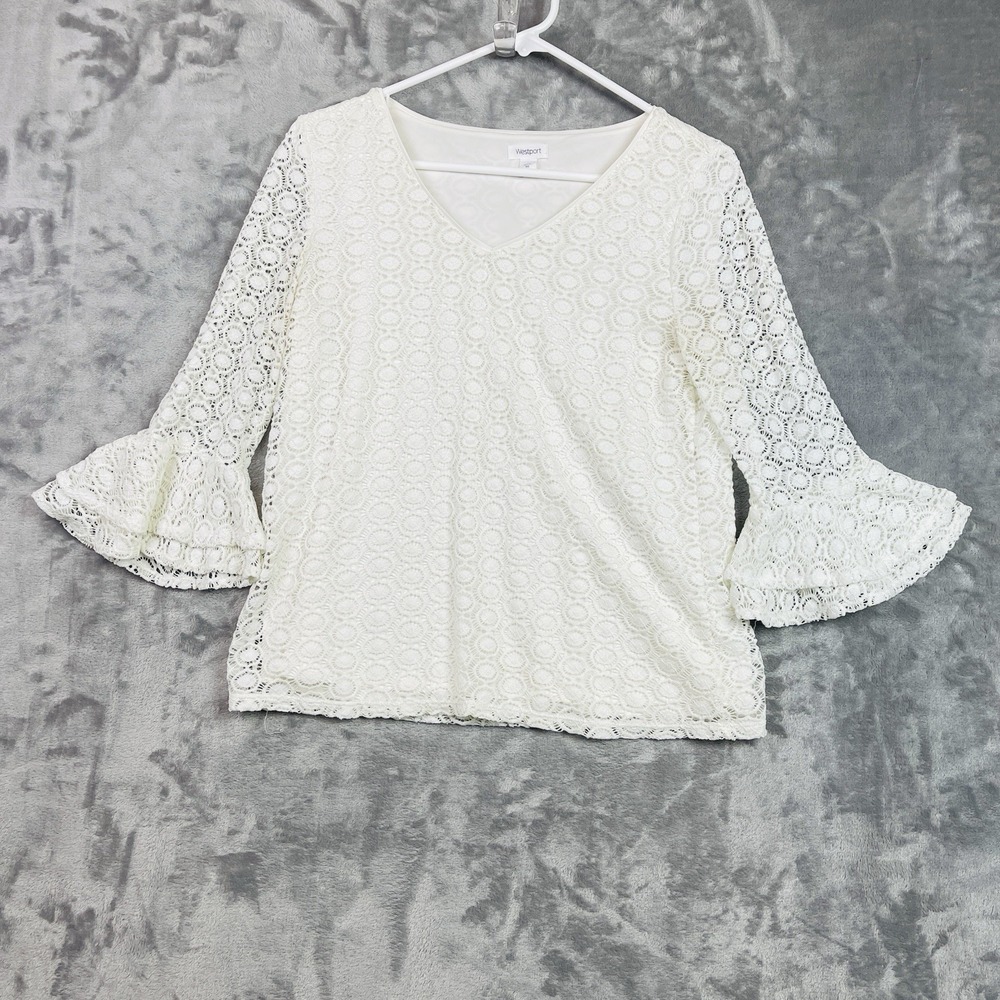 Westport Womens Knit Lace Top Size M 3/4 Sheer Sleeve White V Neck